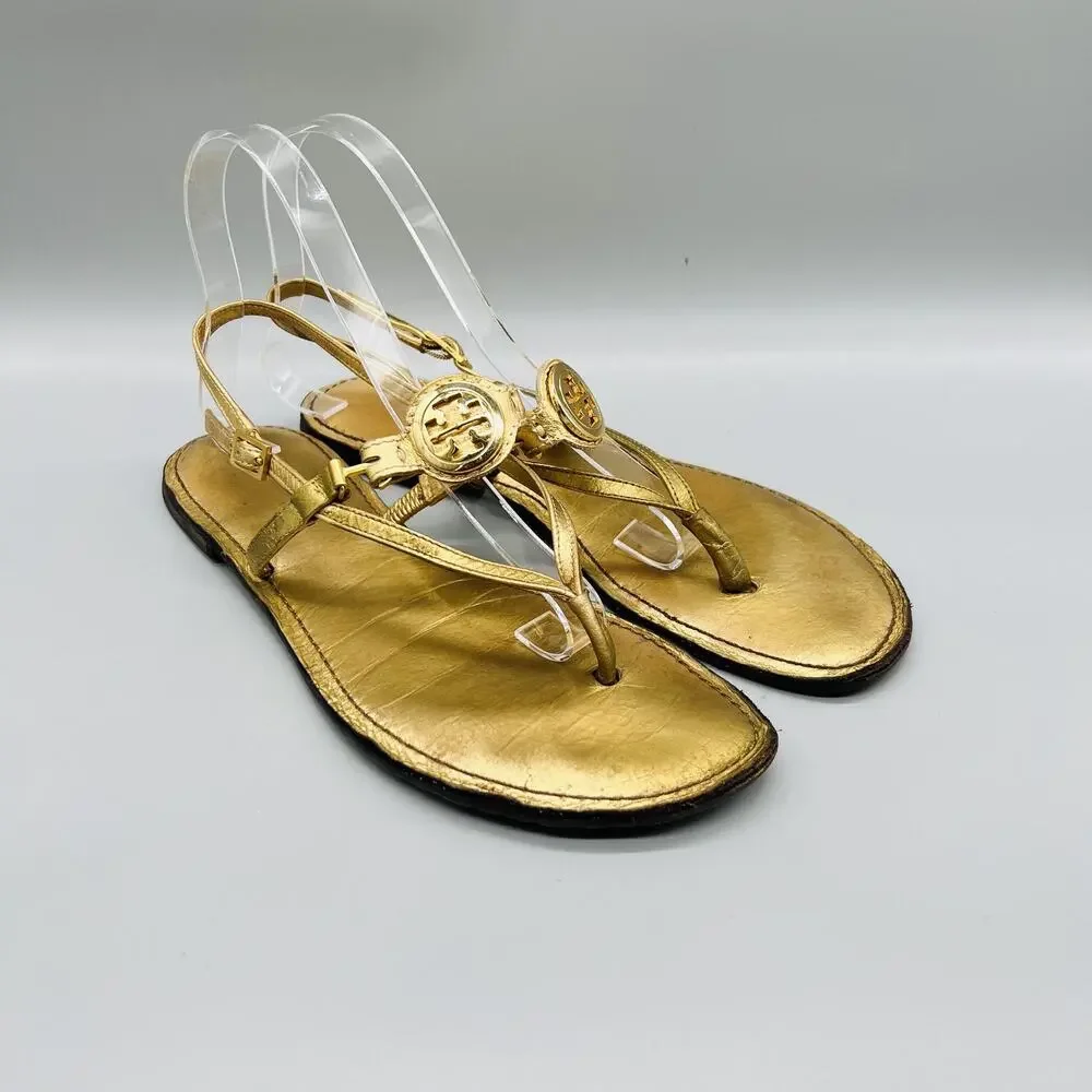 Tory Burch Sandals Womens 9 Gold Leather Thong Ankle Strap Logo Medallion Shoes
